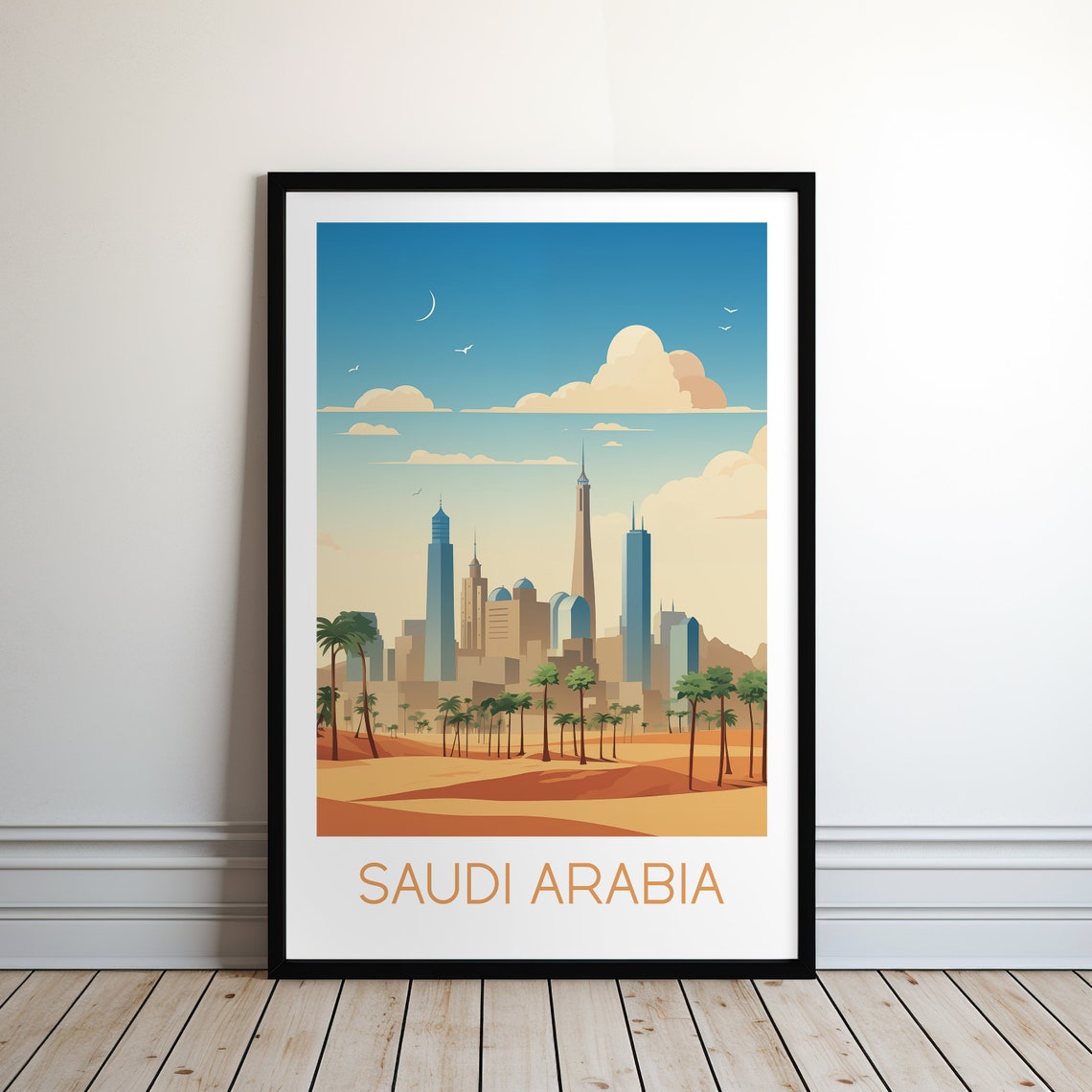 Saudi Arabia Desert City Skyline Palm Trees Retro Travel Poster