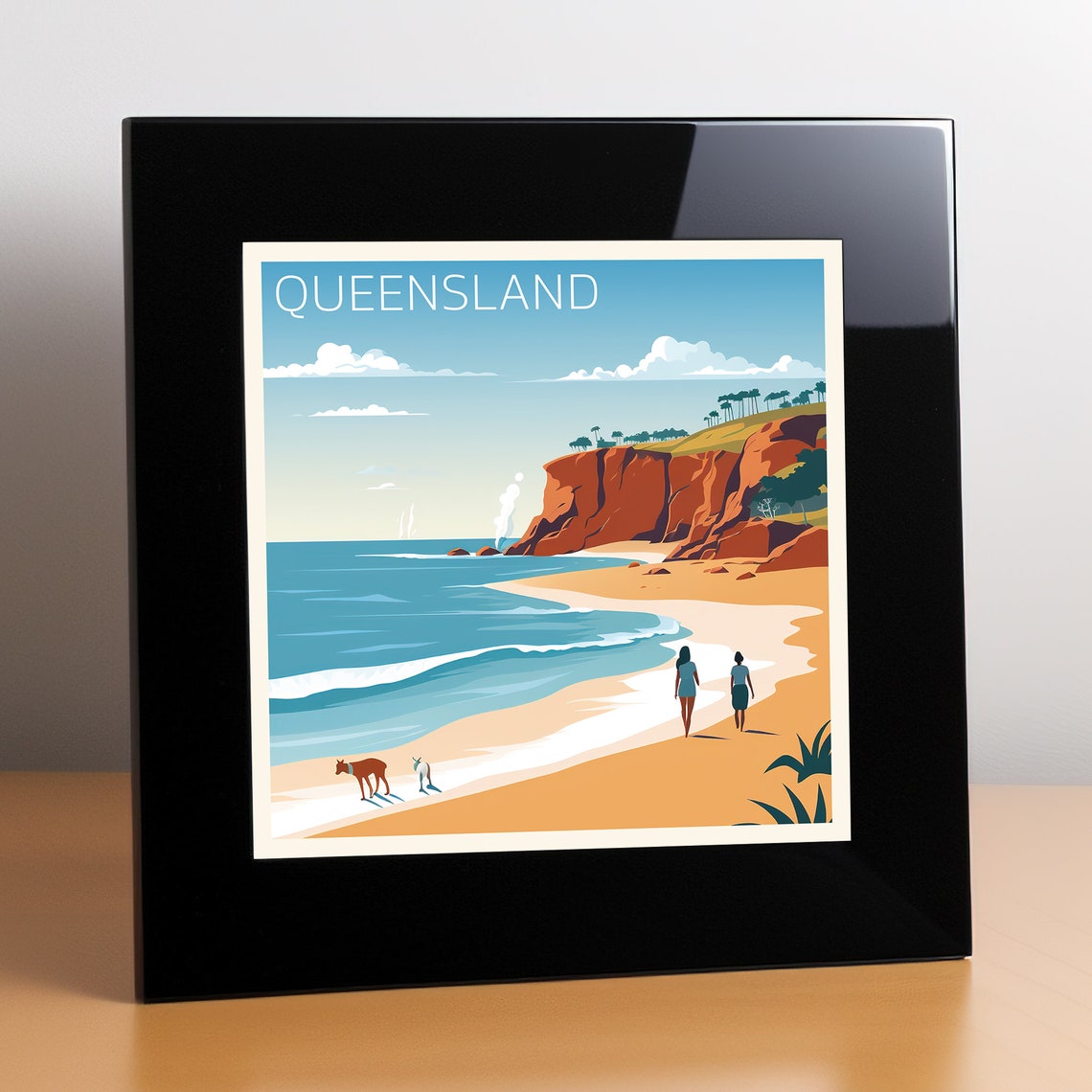 Queensland Australia Beach Red Cliffs Kangaroos Ocean Travel Poster - Image 2