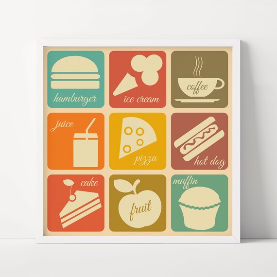 Nine Retro Food Menu Icons Hamburger Pizza Coffee Cafe Poster