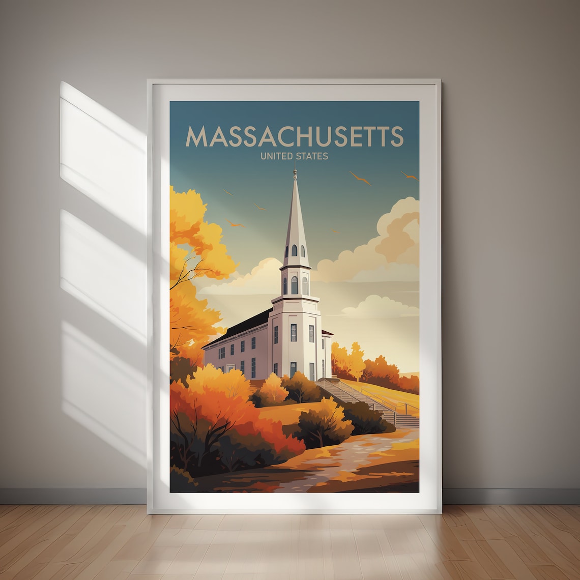 Massachusetts Fall Autumn Church Steeple Retro Travel Poster