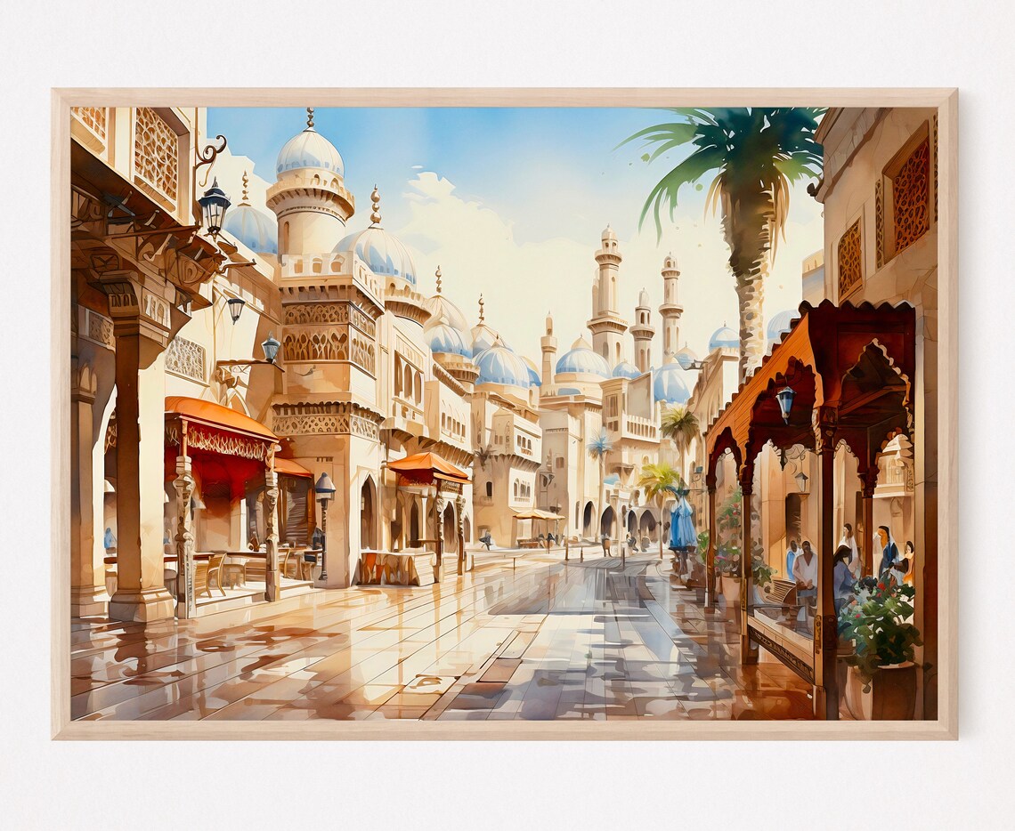 Dubai Gold Souks Watercolor Old Town Arab Street Scene Art Poster