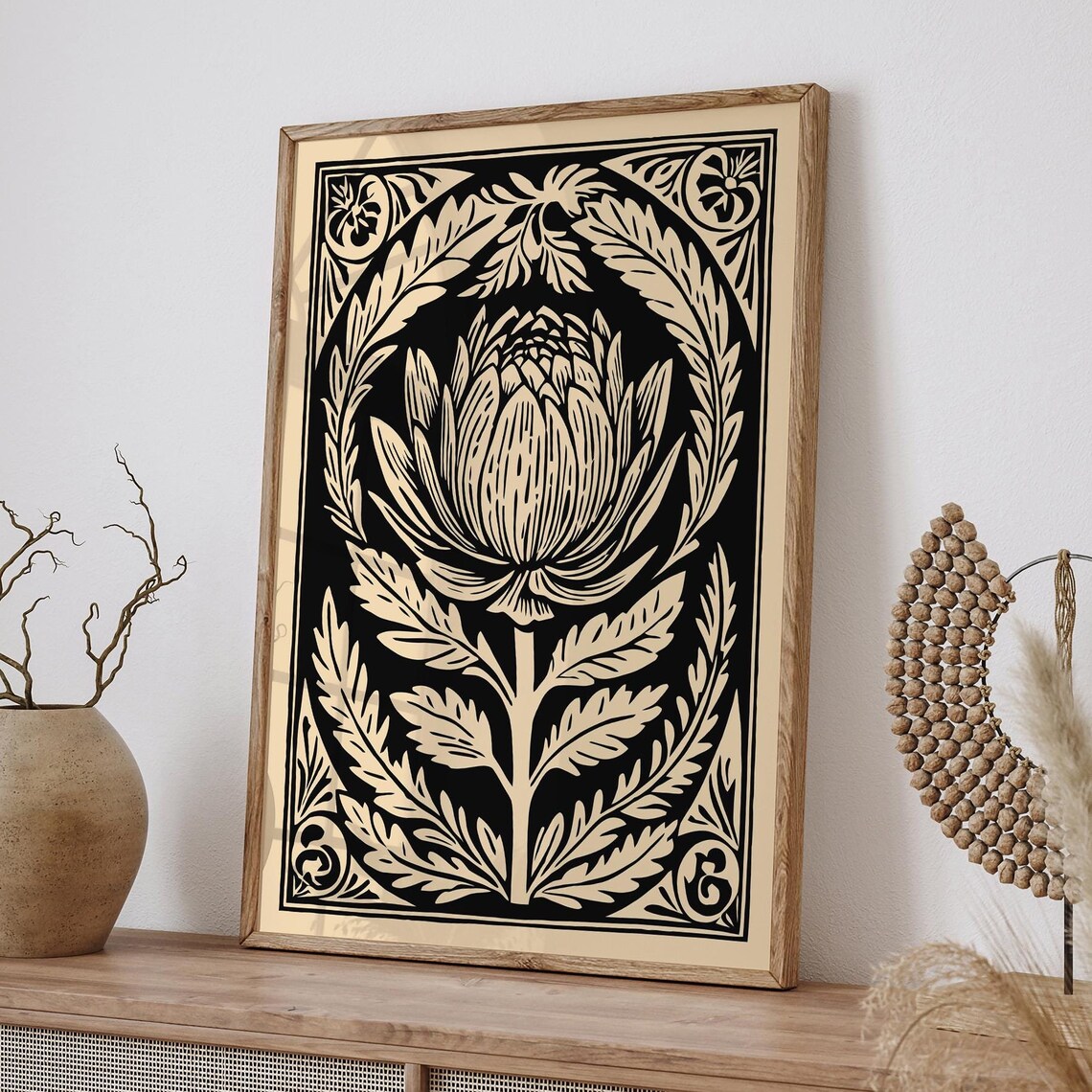 Vintage Artichoke Black Ink Linocut Botanical Kitchen Art Poster