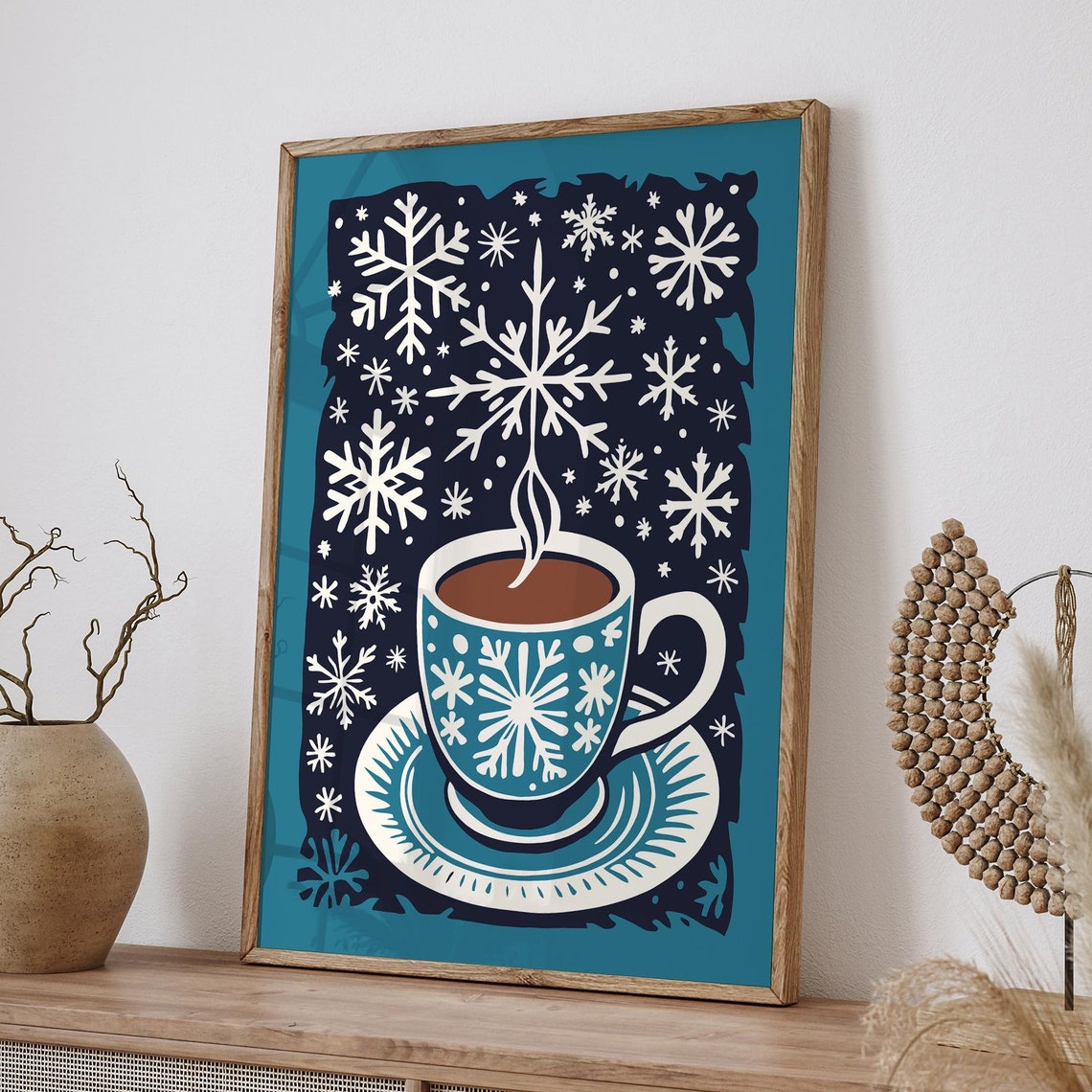 Teal Snowflake Pattern Coffee Cup Winter Hygge Kitchen Poster
