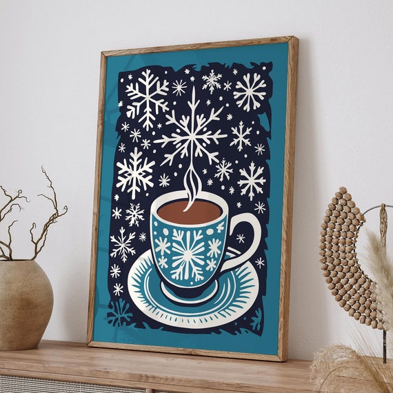 Winter Coffee Art Print Snowflake Coffee Cup Poster Cozy Caf Wall Art Holiday Kitchen Wall Art Hygge Winter Snowflake Coffee Mug Print