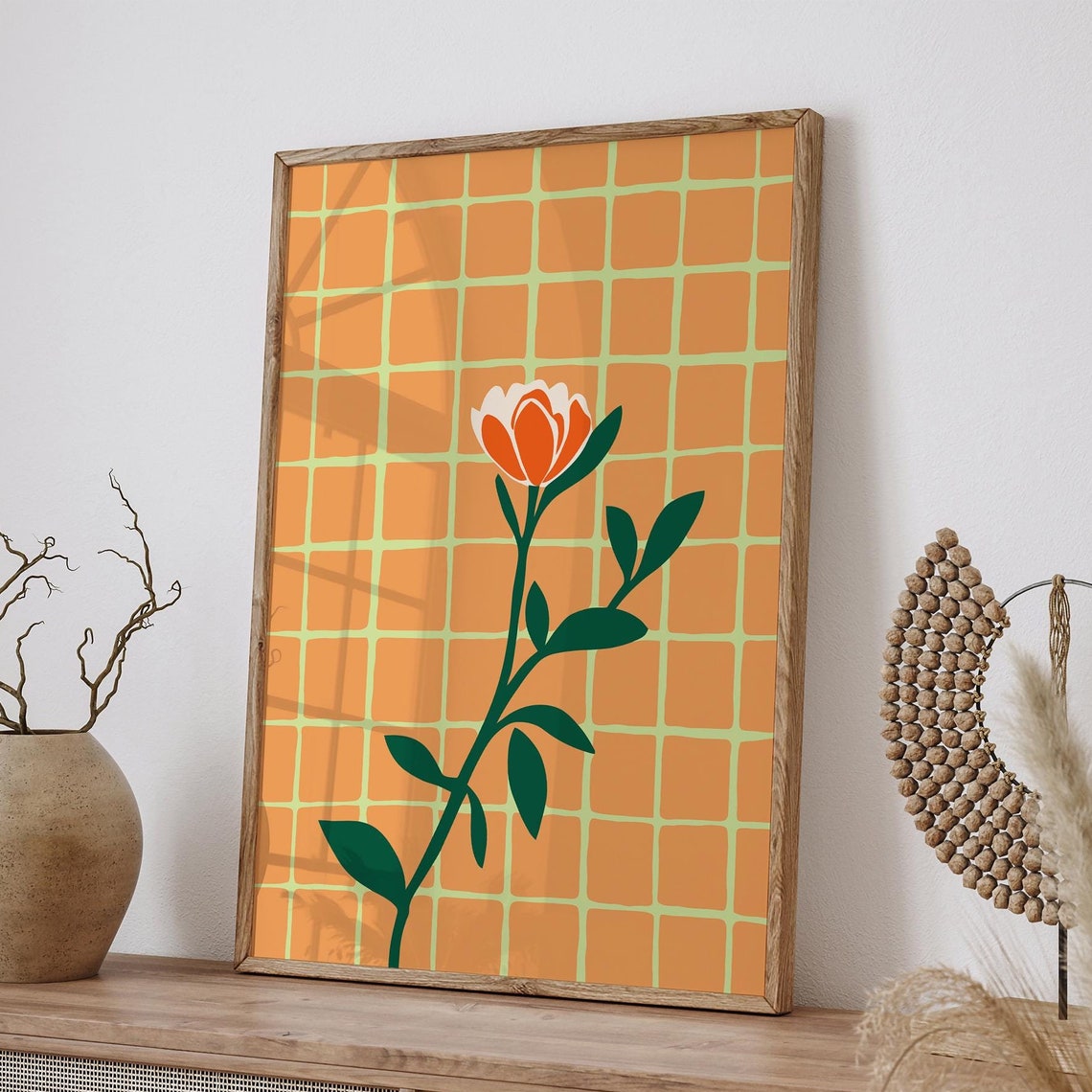 Retro Orange Flower Pop Art Poster on Warm Checkered Grid Background