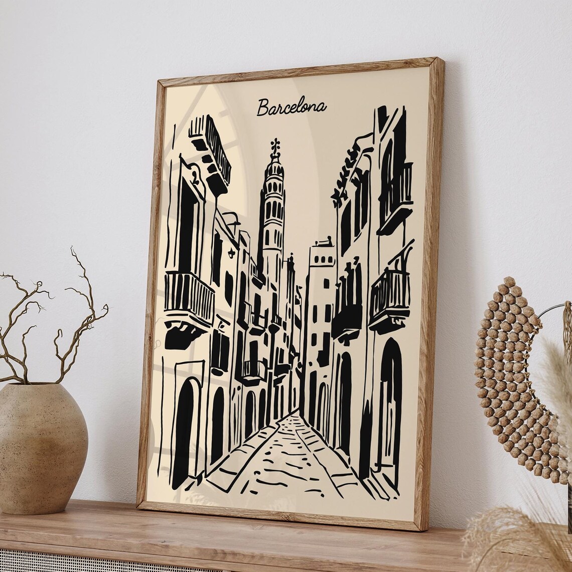 Barcelona Old Town Street Monochrome Ink Sketch Travel Art Poster