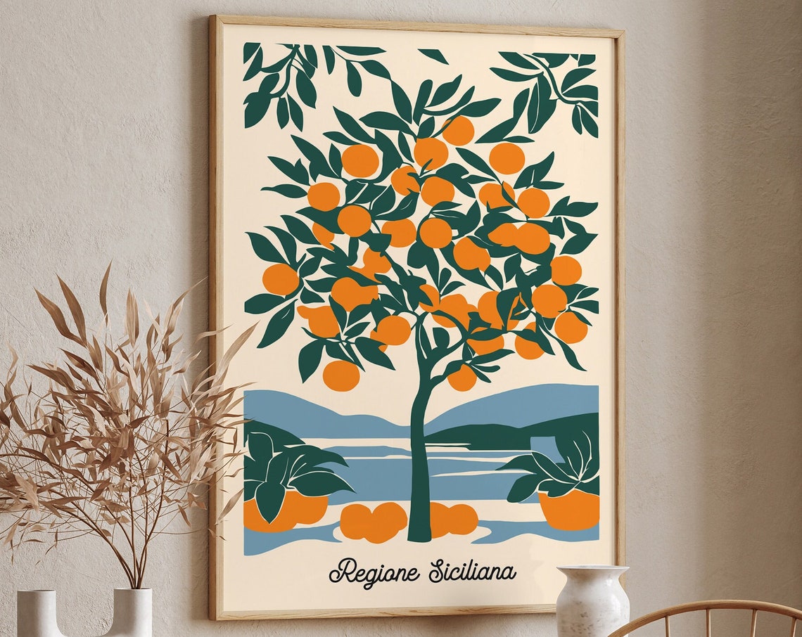 Regione Siciliana Orange Tree Coastal Travel Illustration Poster