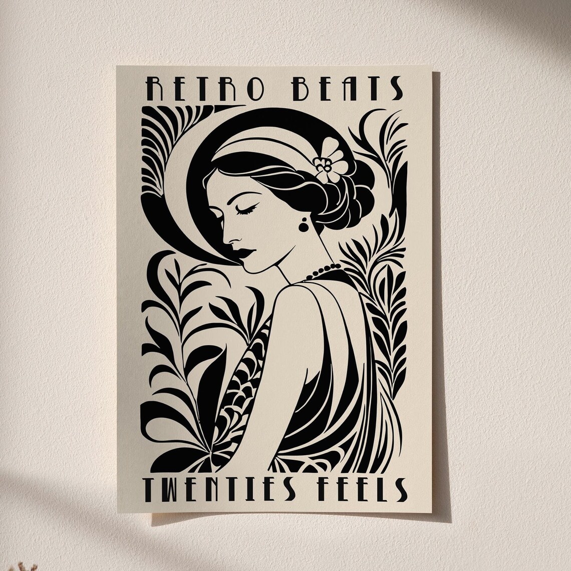 Retro Beats Twenties Flapper Woman Crescent Moon Beige Poster