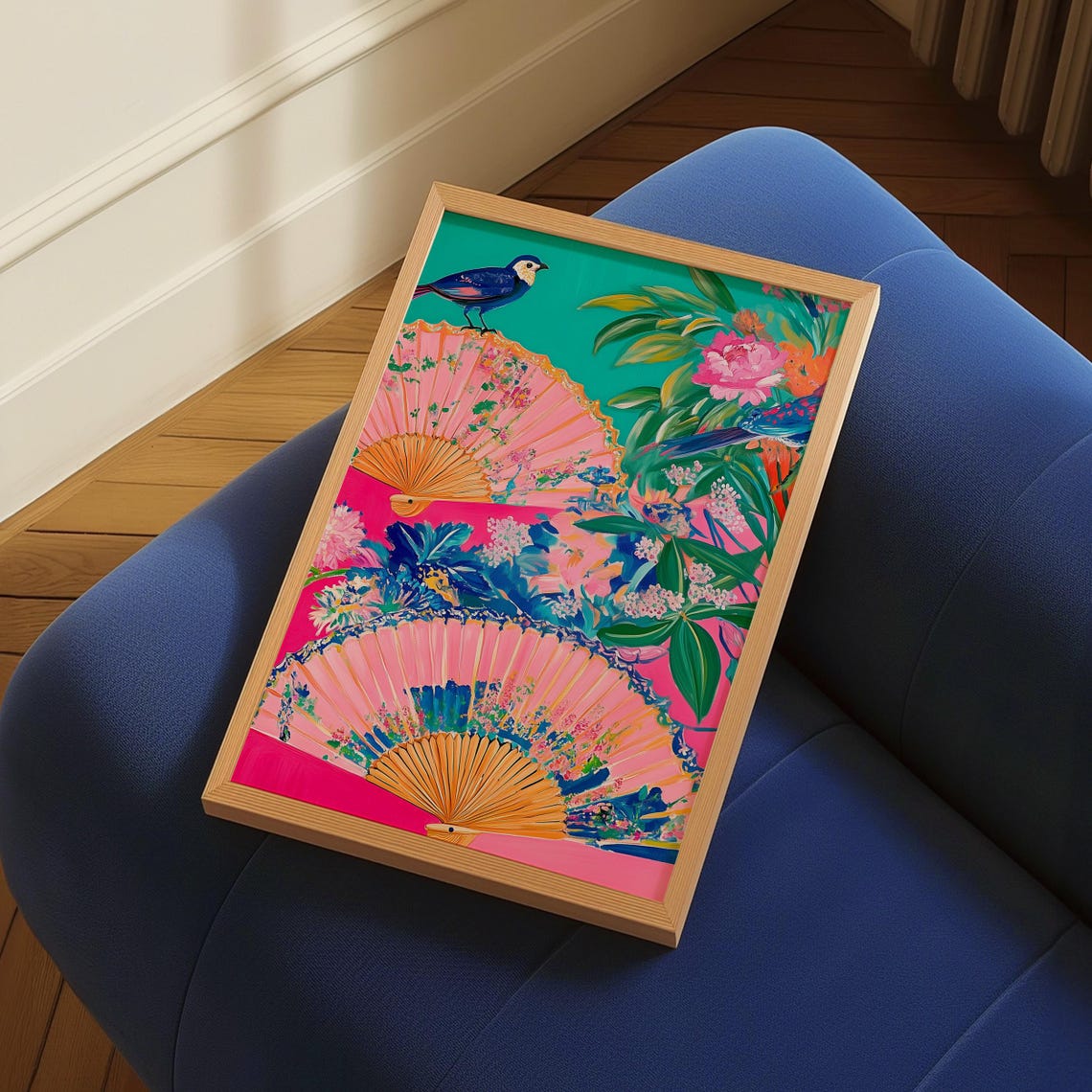 Chinoiserie Folding Fans with Birds Vibrant Floral Art Poster - Image 2