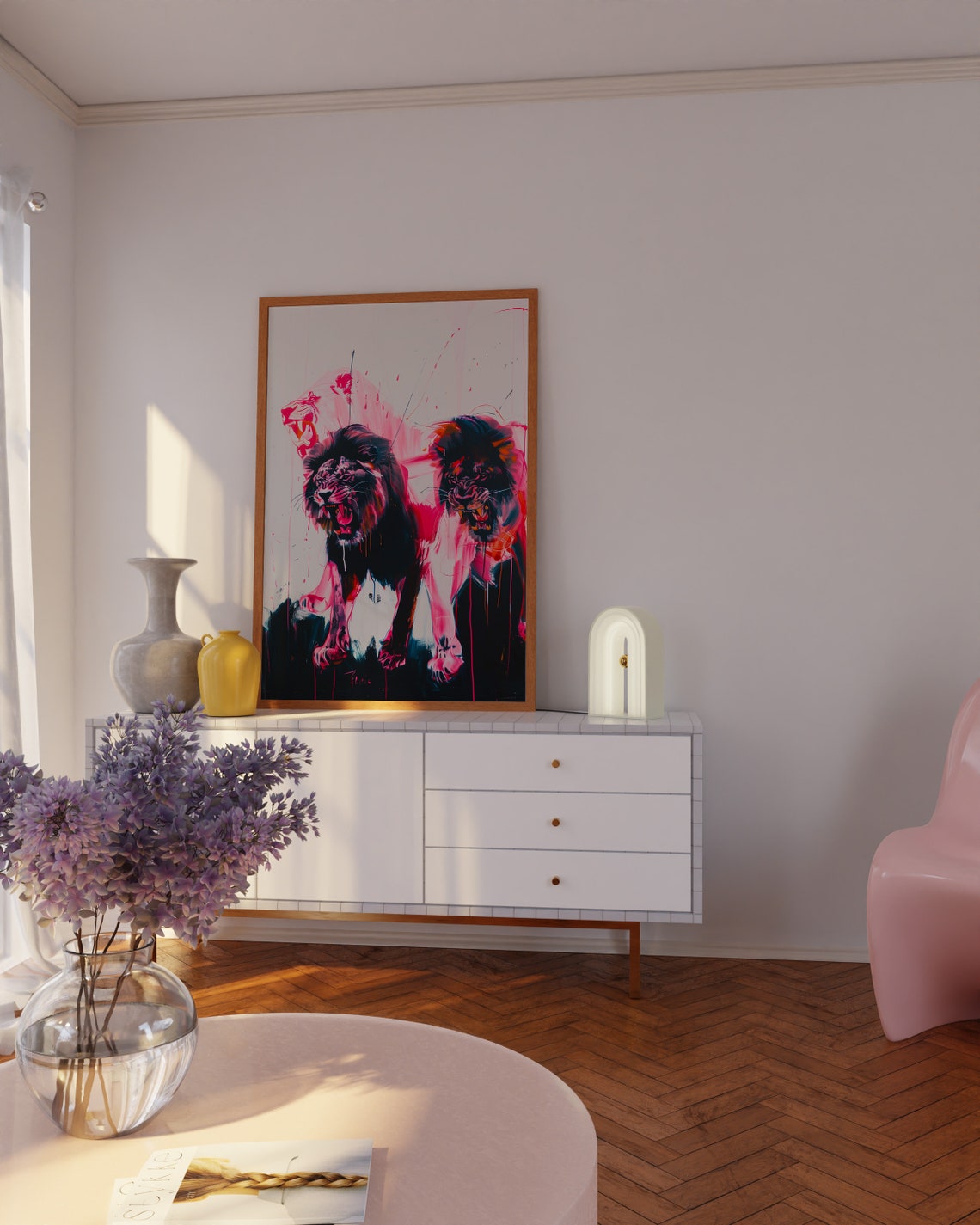 Two Roaring Lions In Neon Pink Expressionist Wildlife Poster - Image 3