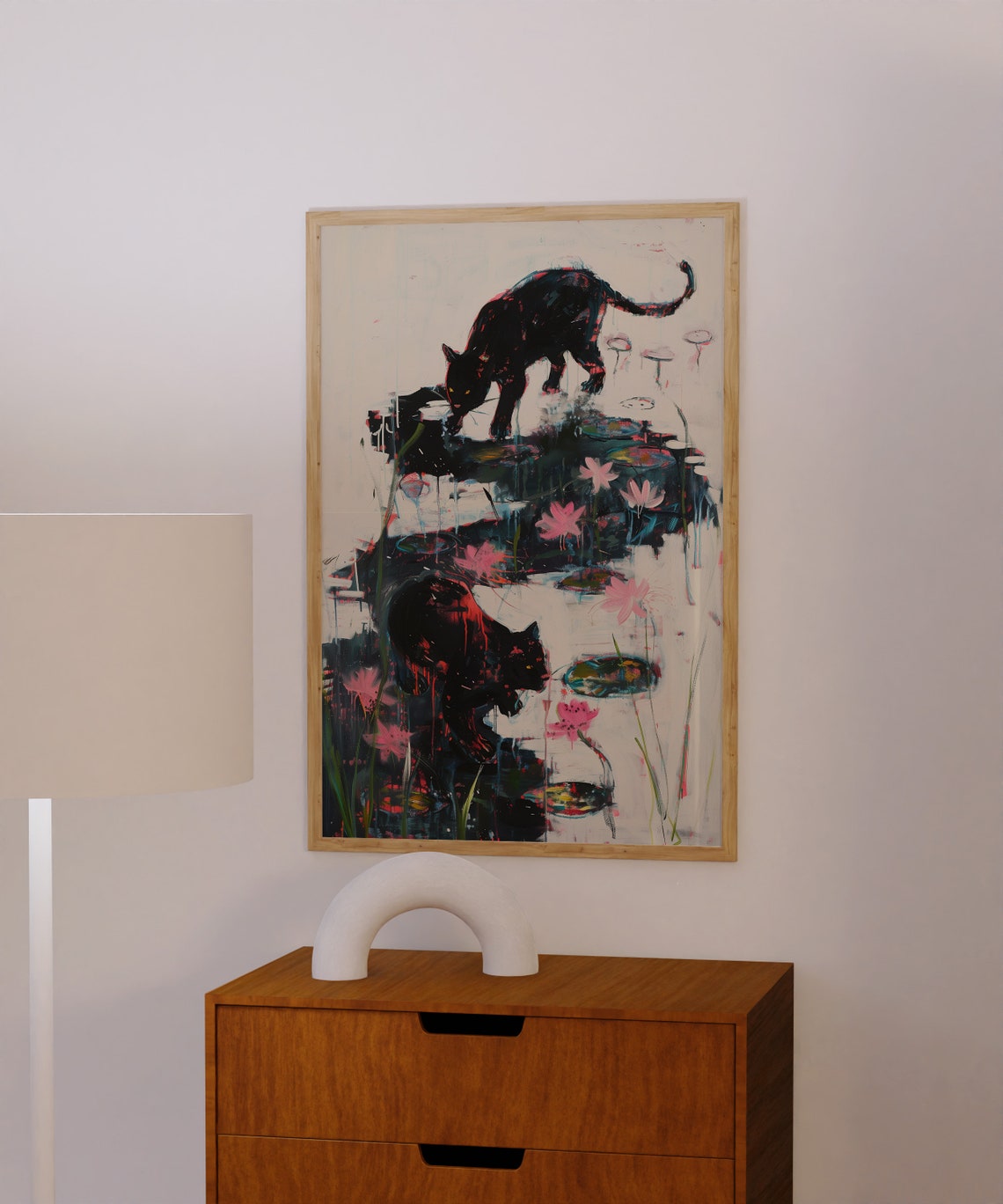 Black Cat Duo Prowling A Midnight Water Lily Pond Scene Poster - Image 2