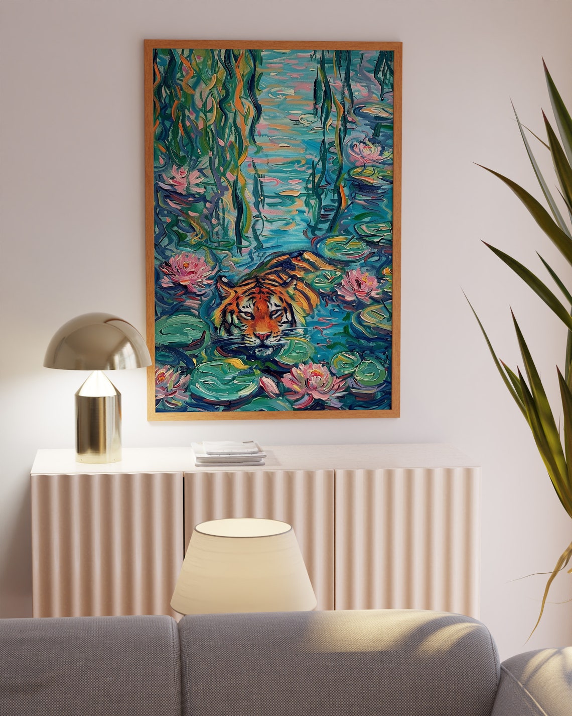 Tiger Peeking from Lily Pond Colorful Impressionist Art Poster - Image 2