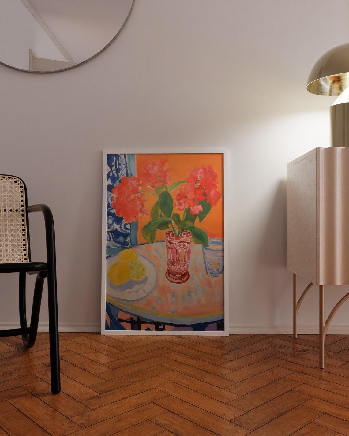 Coral Geranium Bouquet With Lemons Still Life Painting Poster - Image 4
