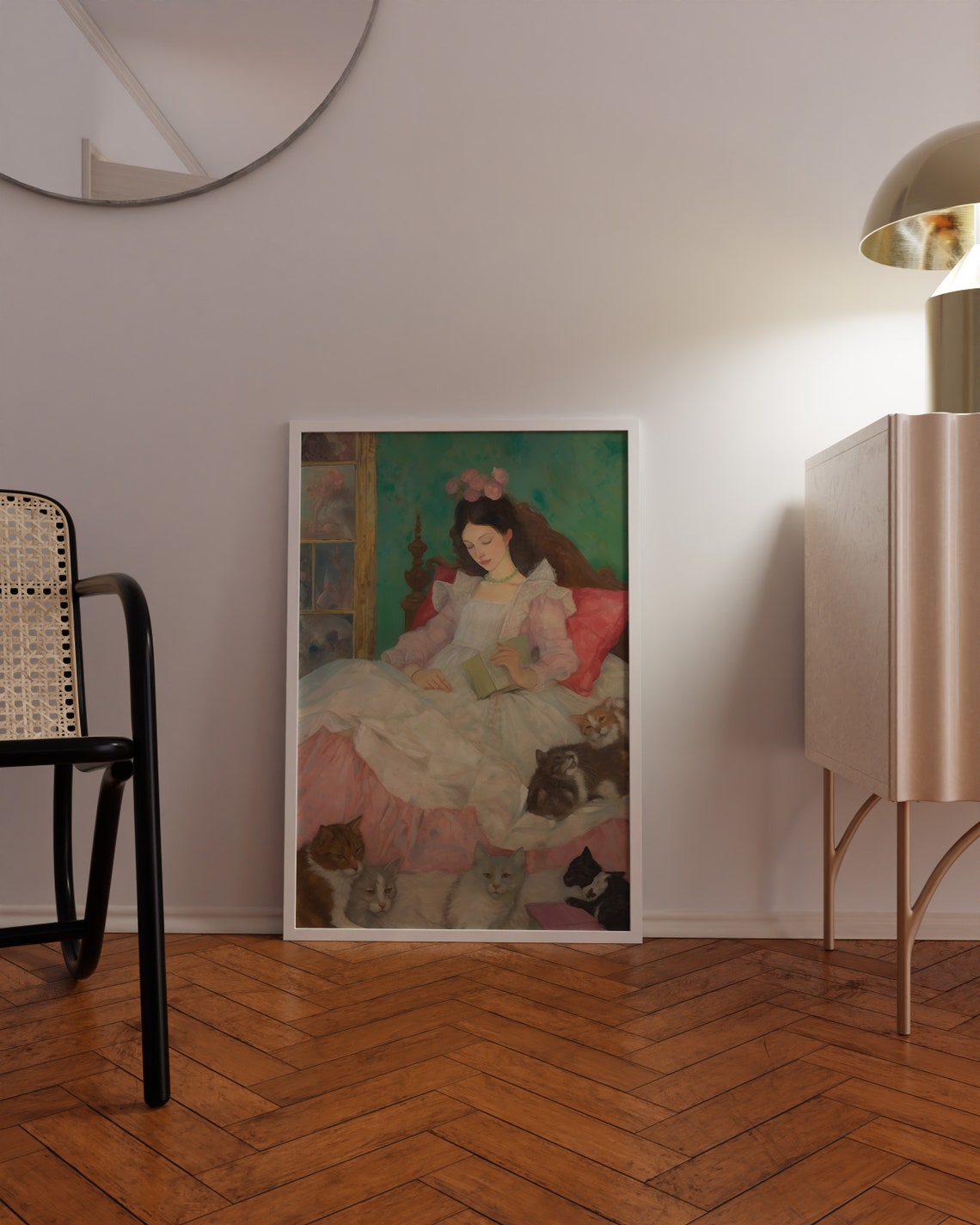 Vintage Lady Reading Surrounded by Cats Classic Style Art Poster - Image 3