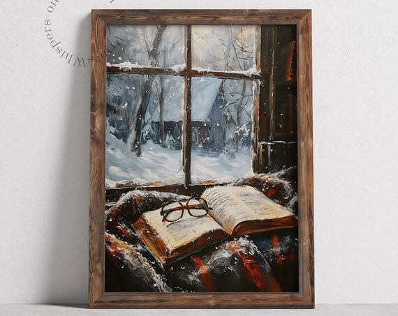 Bookish Wall Art Cozy Winter Print Moody Light Academia Painting Cottagecore Decor Book Lover Gift Cottage Core Art