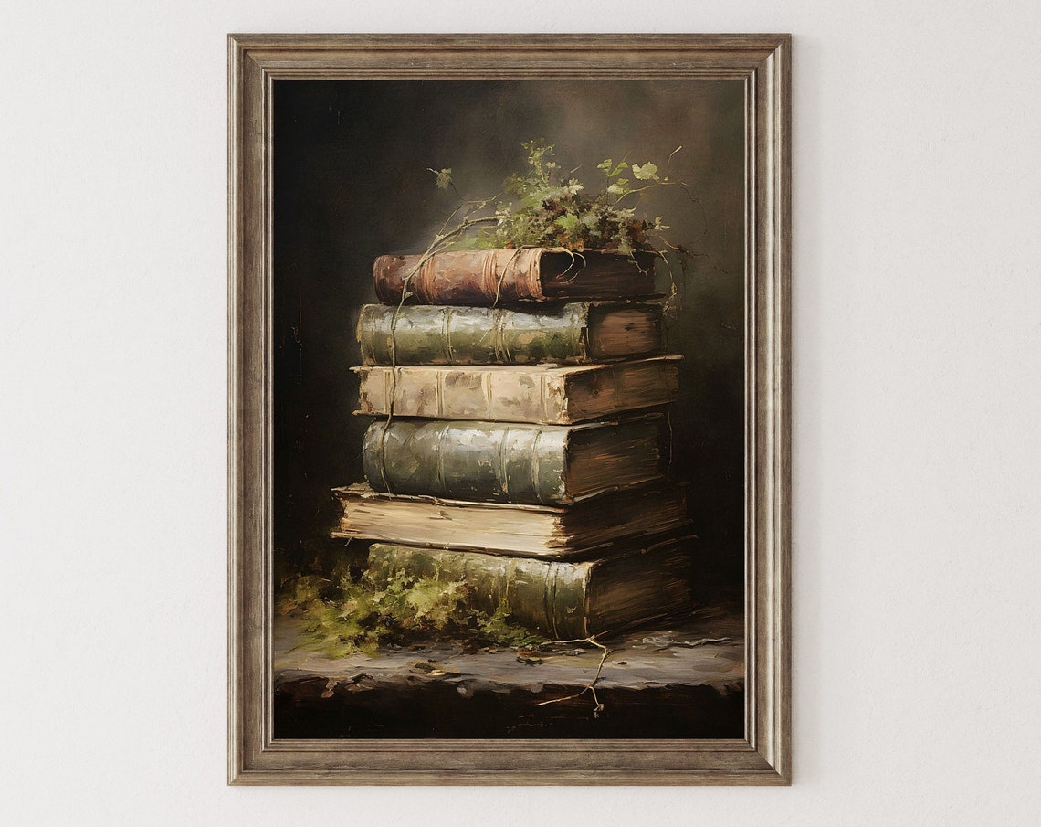Vintage Stack of Old Books with Greenery Dark Academia Poster - Image 6