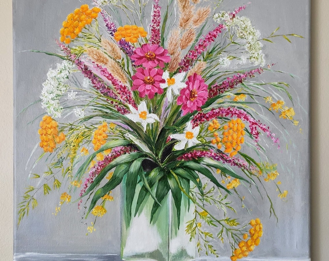 Wildflowers Original Handmade Oil Painting On 20x16 Wildflowers On A Vase Painting Floral Wall Art One Of A Kind Gift
