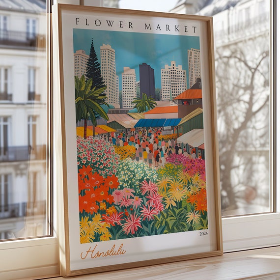 Honolulu Flower Market Poster Hawaiian Skyline Wall Art Vibrant City Print Urban Wallpaper Tropical
