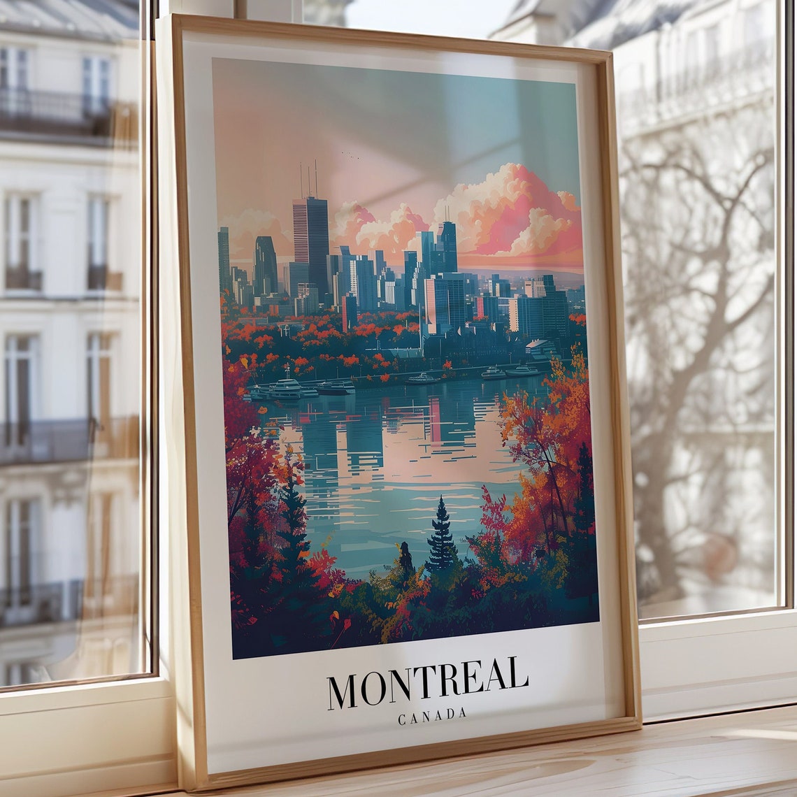 Montreal Canada Skyline Autumn Sunset River Reflection Scenic Travel Poster