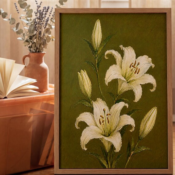 White Lily Olive Green Vintage Botanical Flower Painting Elegant Poster