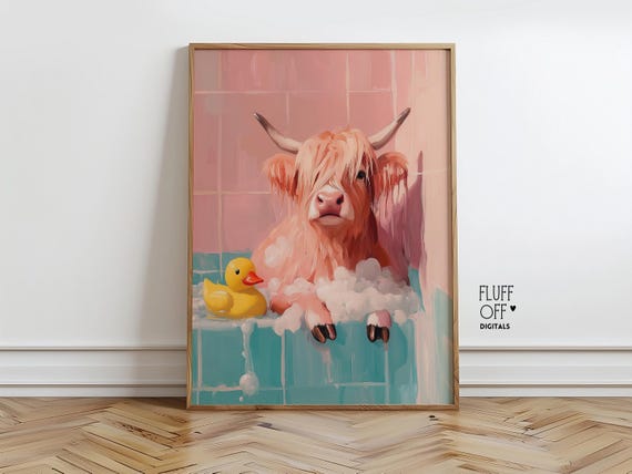 Cute Highland Cow Bath Time Painting Adorable Nursery Wall Art Cozy Farmhouse Decor Colorful Scene 78
