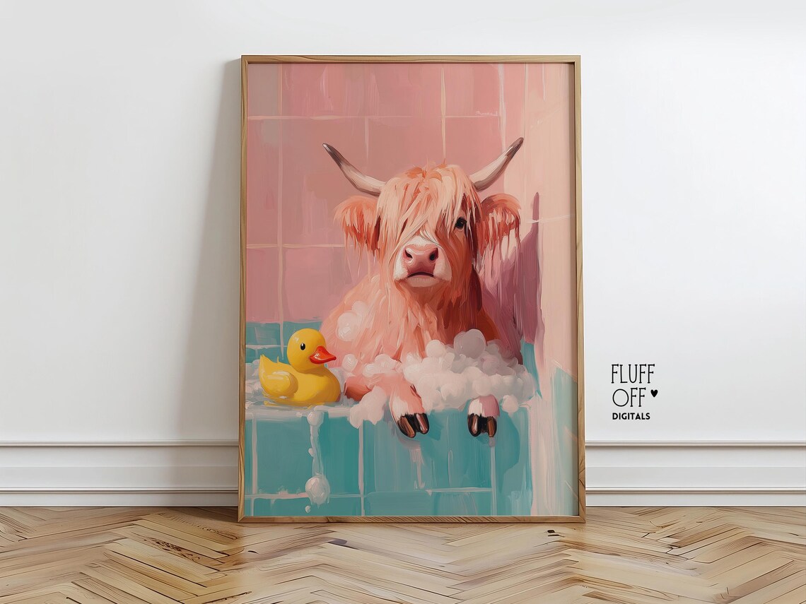 Highland Cow Bath Time With Rubber Ducky Pastel Nursery Art Poster