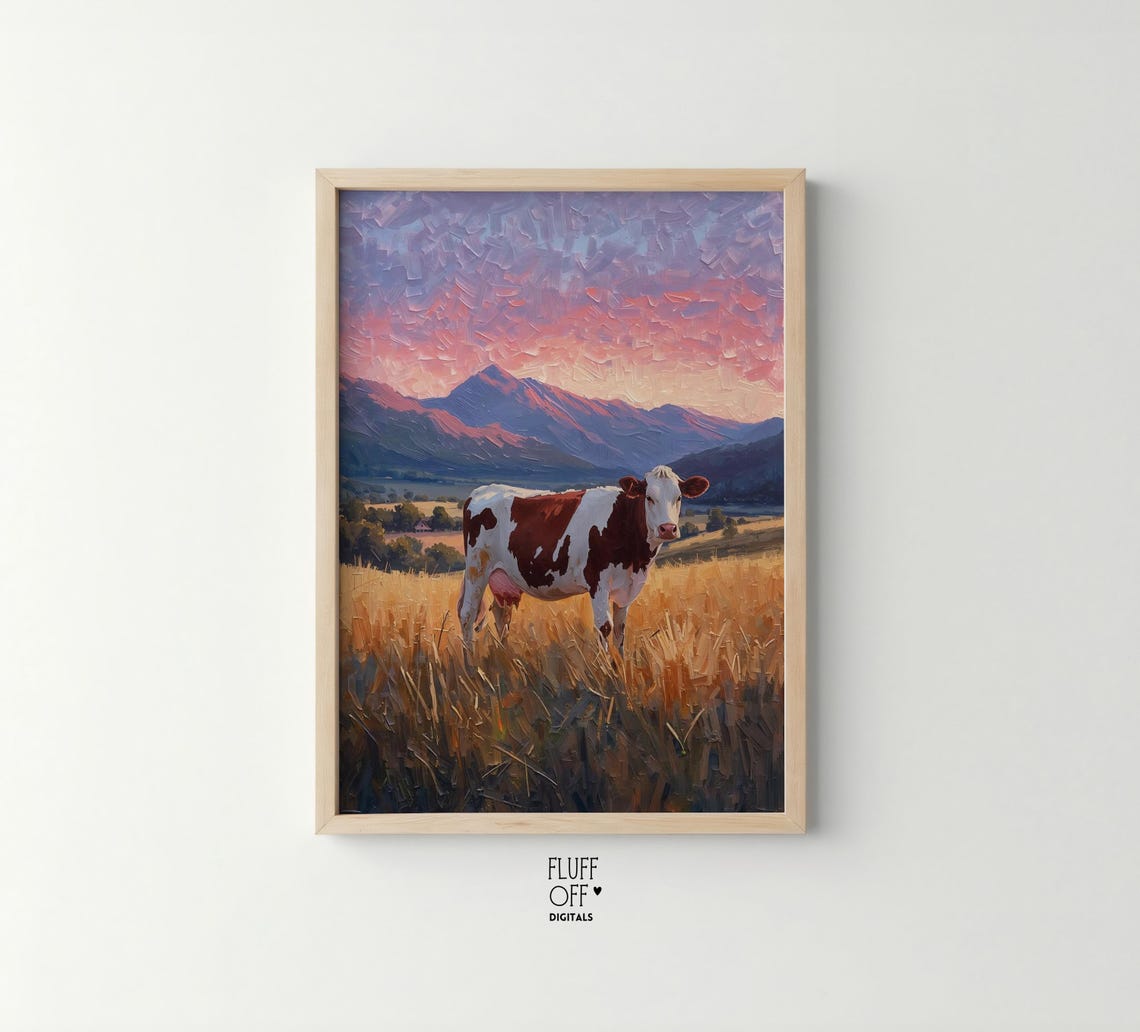 Rustic Cow in Sunset Wheat Field Pastoral Farm Landscape Art Poster