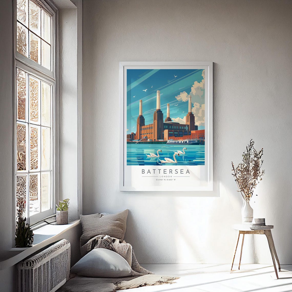 London Battersea Power Station Swans Thames Riverside View Poster - Image 4