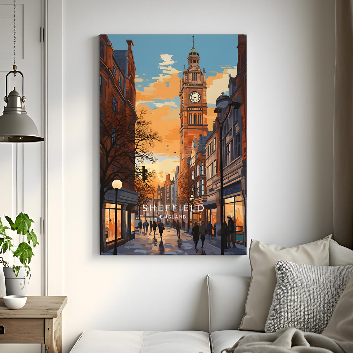 Sheffield England Clock Tower Evening Street Warm Lights Poster - Image 3