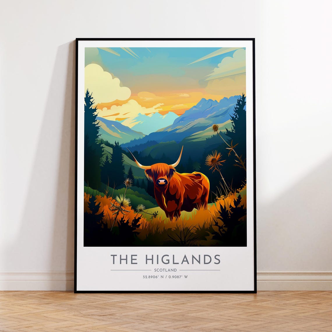 The Highlands Highland Cow Sunset Mountain Thistles Wall Art