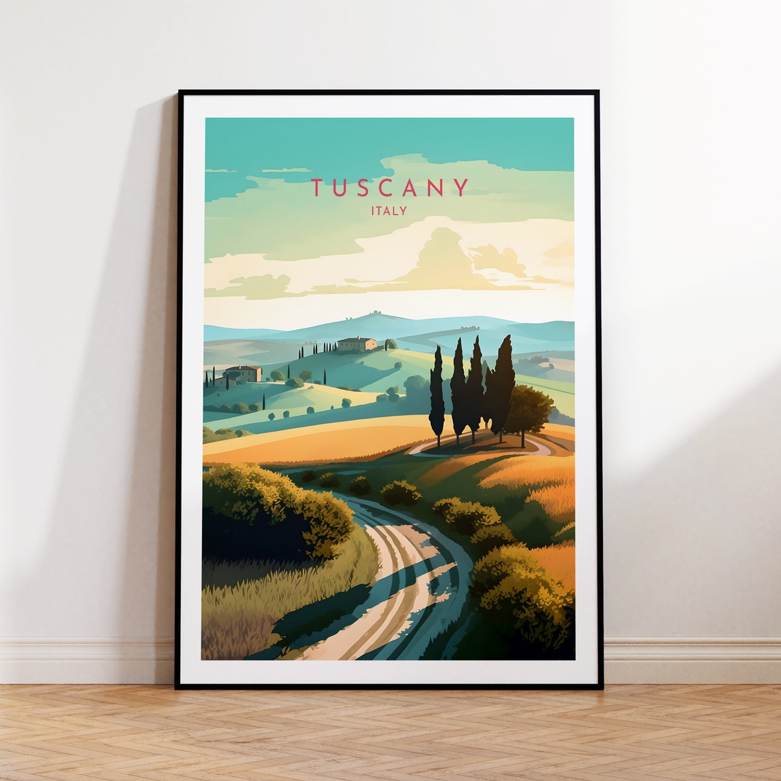Tuscany Italy Cypress Lined Road Golden Fields Hillside Villa Poster
