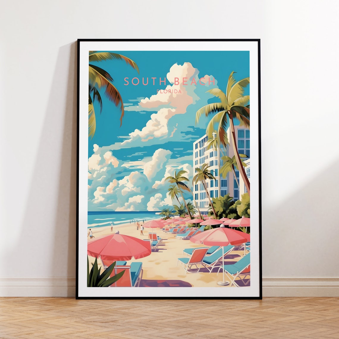 South Beach Florida Palm Trees Pink Umbrella Beach Scene Poster