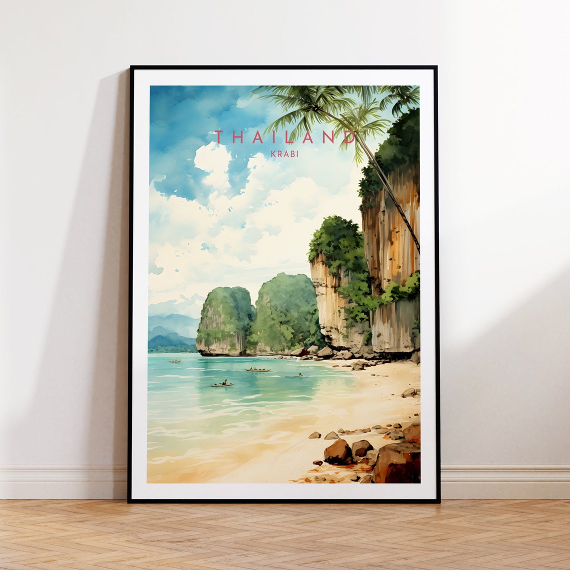 Krabi Thailand Limestone Cliffs Longtail Beach Watercolor Poster