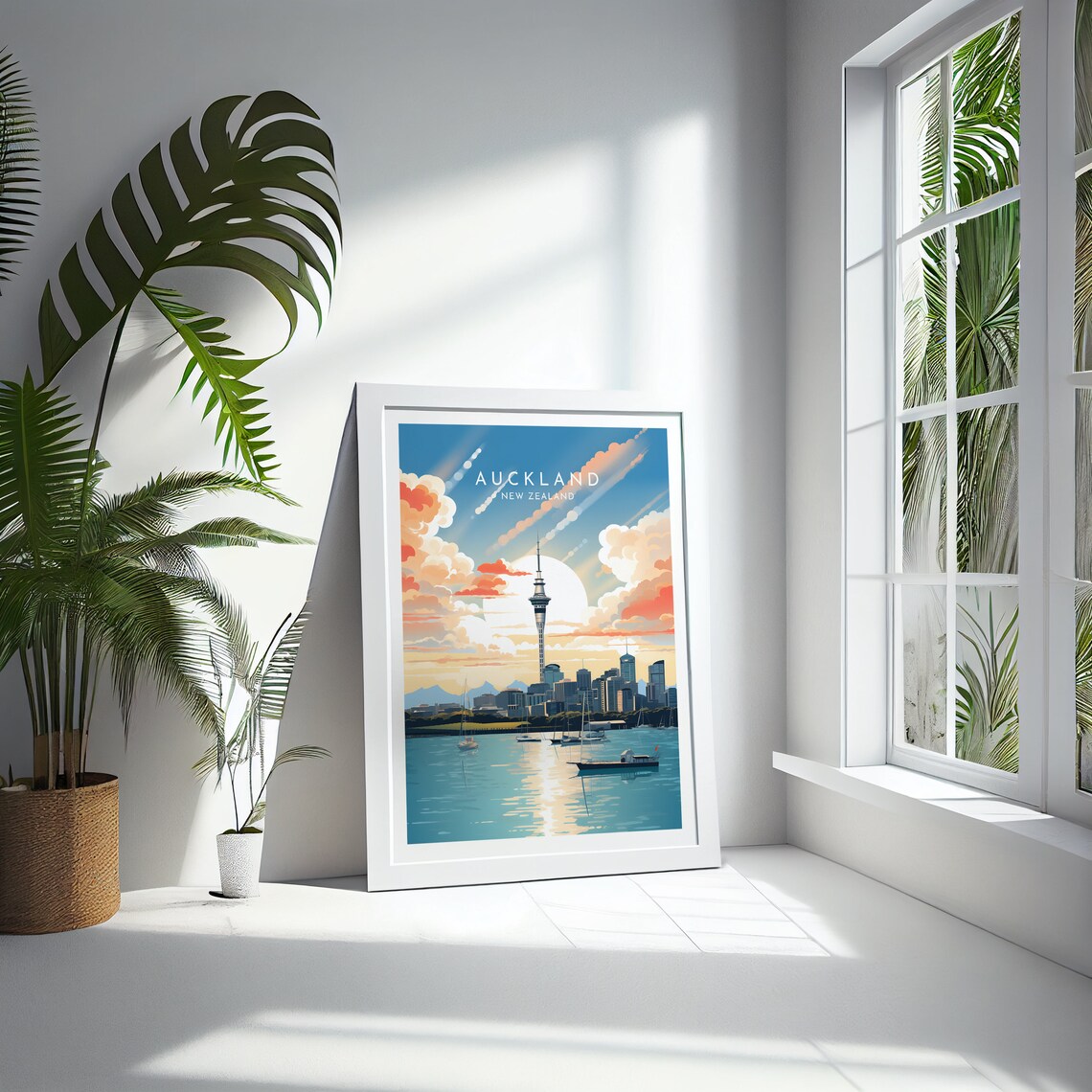 Auckland New Zealand Sky Tower Harbor Sunset Golden Sailboats Poster - Image 4