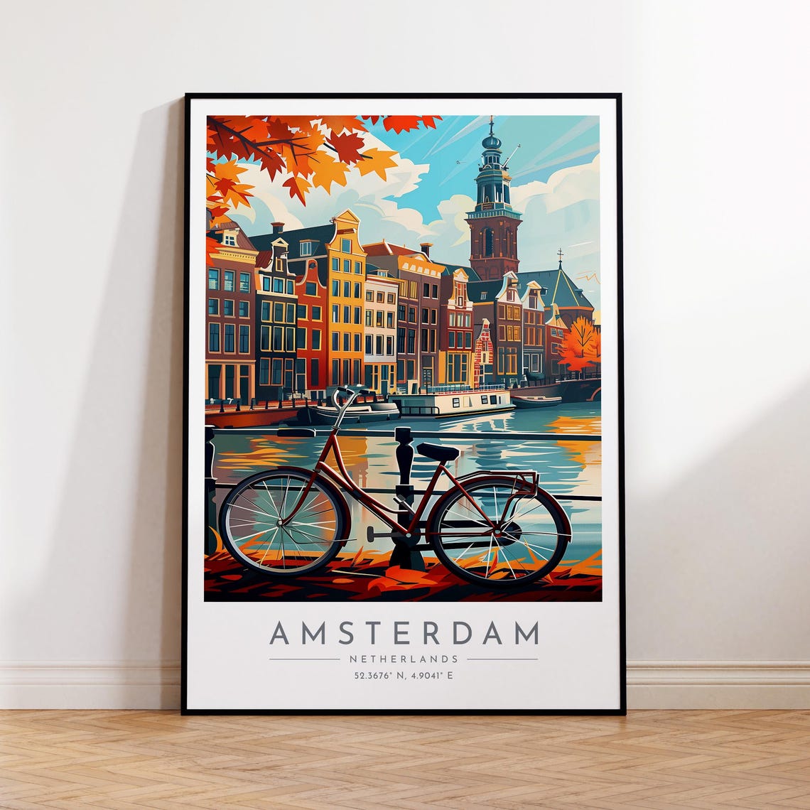 Amsterdam Netherlands Canal Bicycle Autumn Houses Waterway Poster