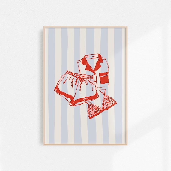 French Girly Art Coquette Room Decor Lingerie And Pajama Print Cute Bedroom Decor Above Bed Wall Art Red Blue Striped Print
