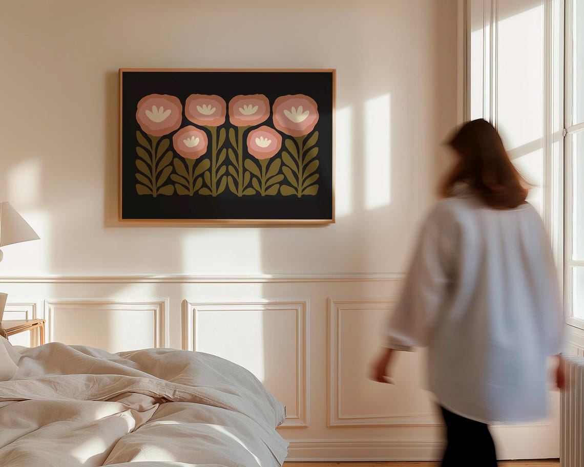 Moody Retro Floral Gallery Dusty Pink Blossoms on Black Poster - Image 4