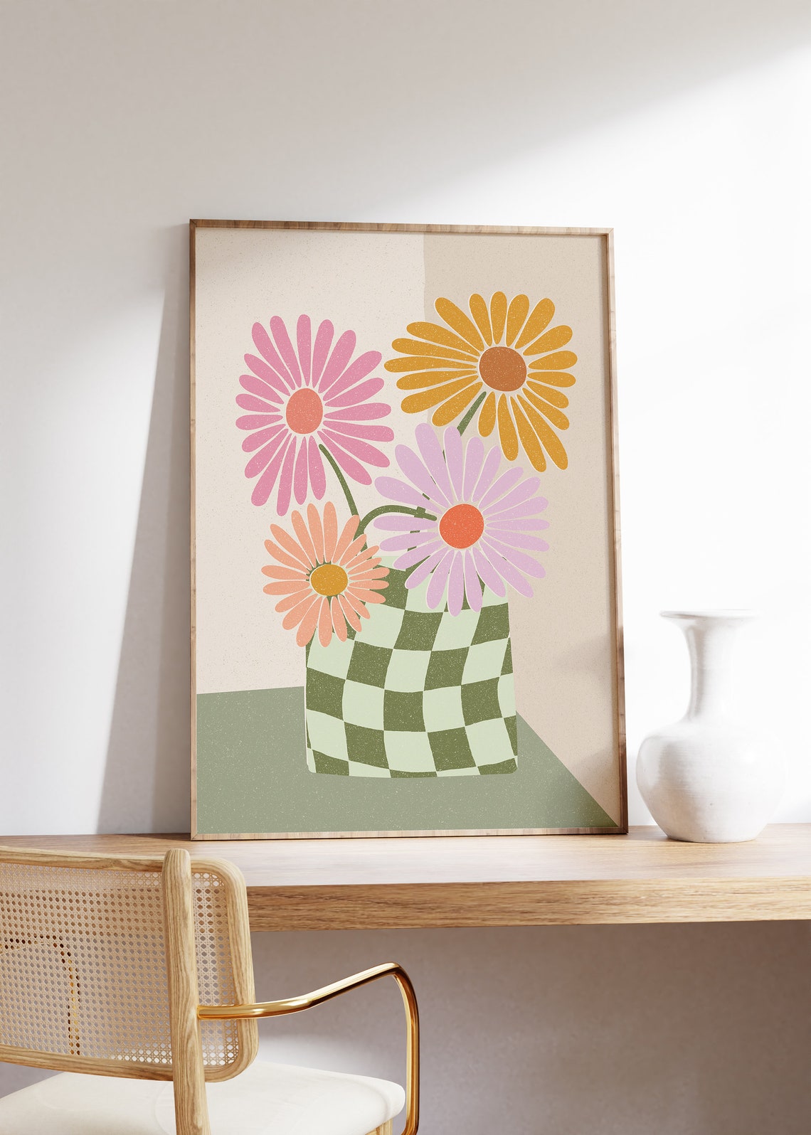 Pastel Daisies In Green Checkered Vase Danish Floral Art Poster - Image 3