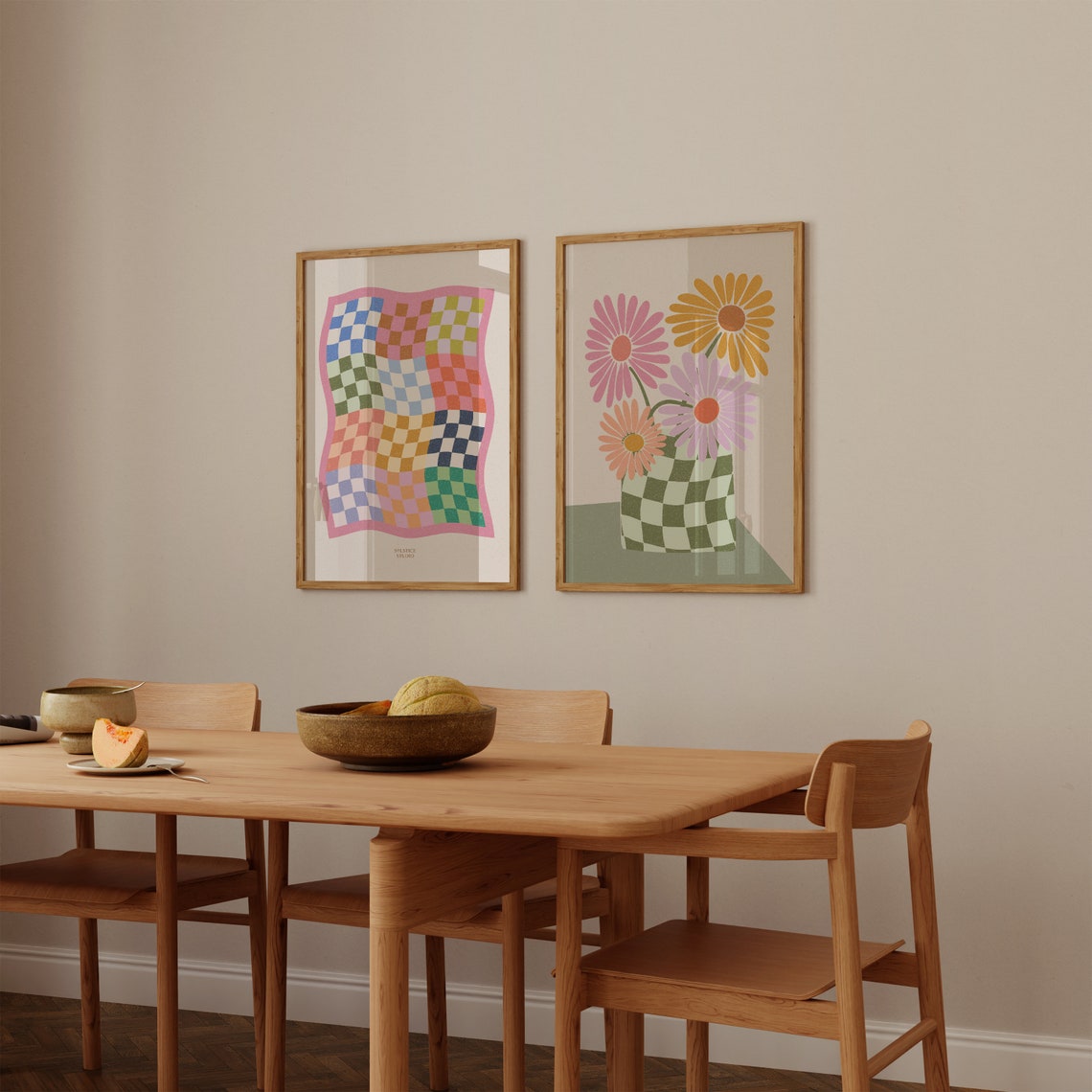 Pastel Daisies In Green Checkered Vase Danish Floral Art Poster - Image 2