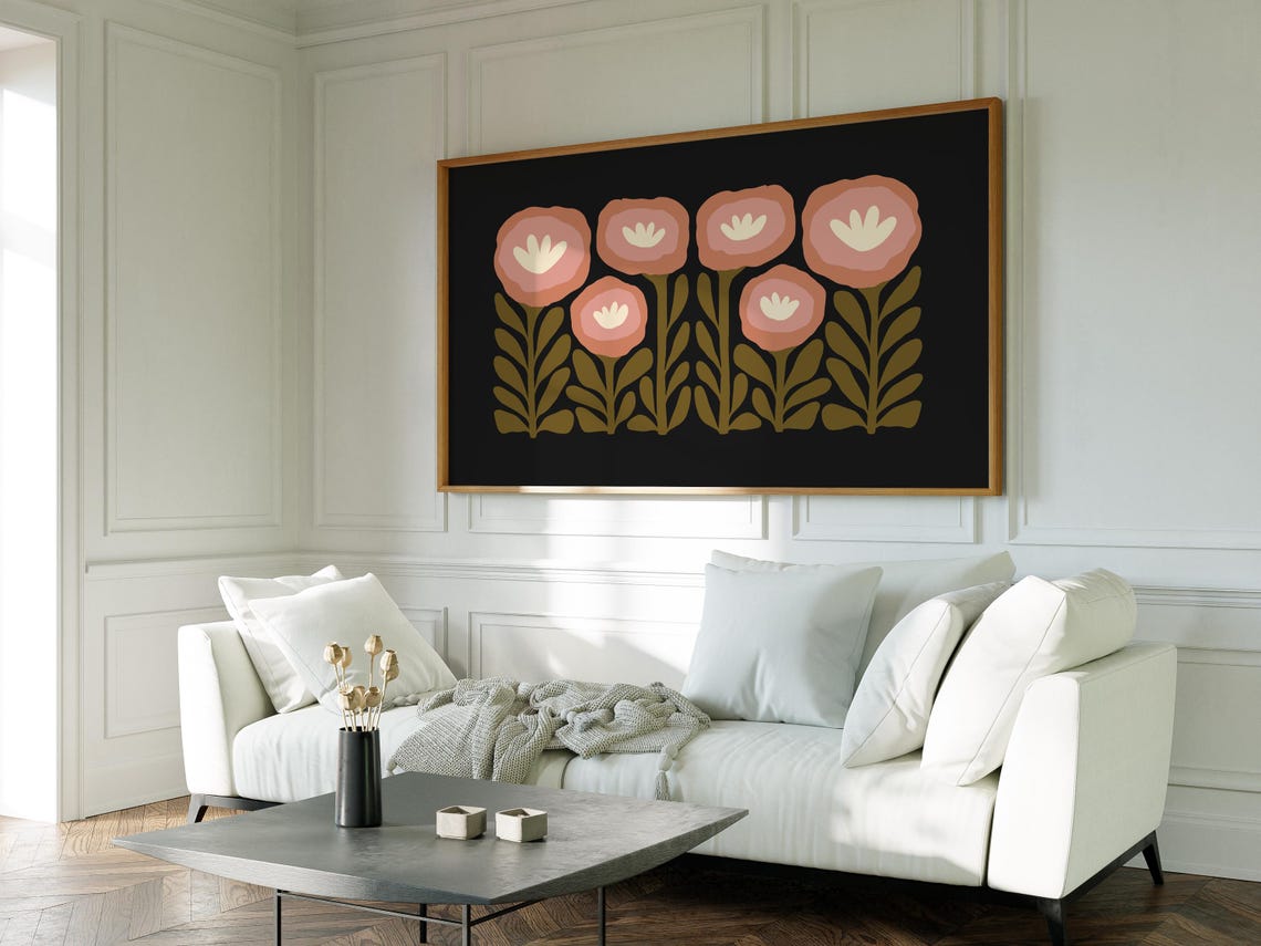 Moody Black Background Terracotta Bloom Retro Floral Wall Poster - Image 4
