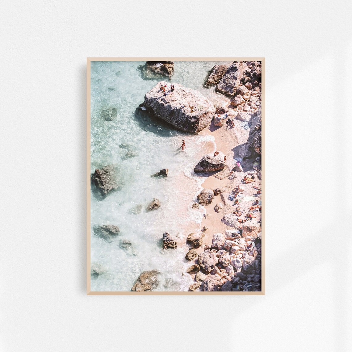 Aerial View of a Rocky Sardinia Cove with Swimmers Italy Poster
