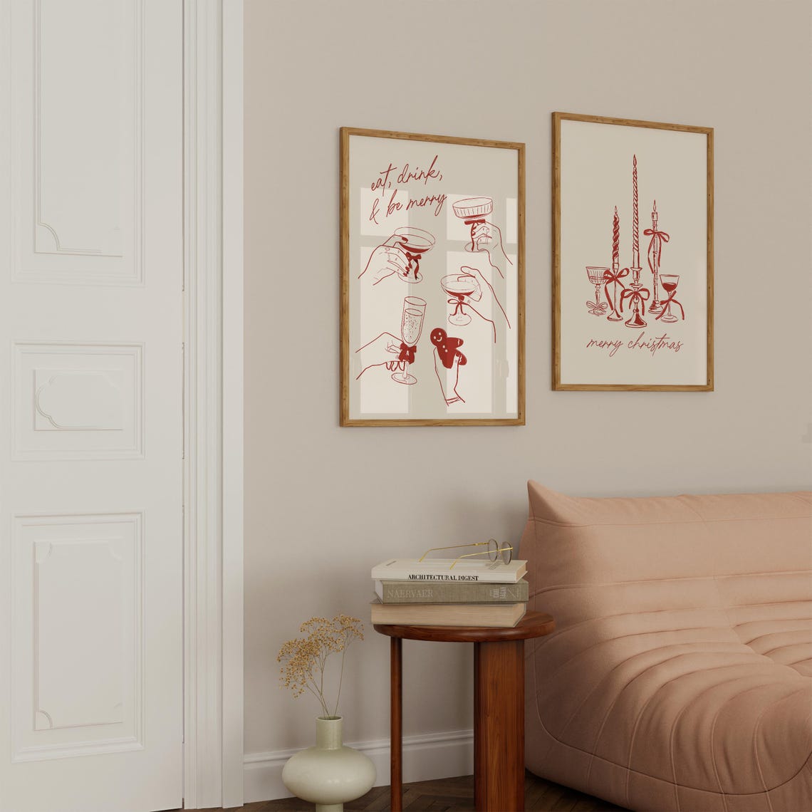 Merry Christmas Candle Bow Line Art Coquette Red Holiday Art Poster - Image 3