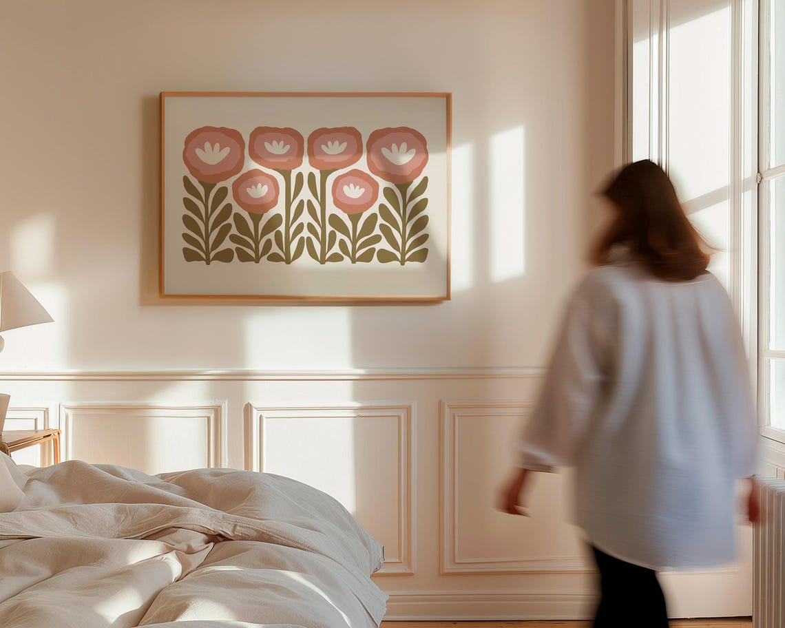 Terracotta Pink Blooms Olive Stems Cream Retro Floral Decor Poster - Image 5