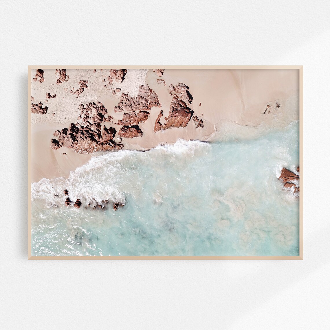 Aerial Pastel Beach Waves Red Rocks Turquoise Ocean Photo Poster