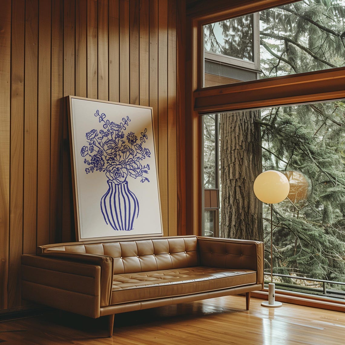 Blue Line Art Flowers In Striped Vase Botanical Modern Wall Poster - Image 3