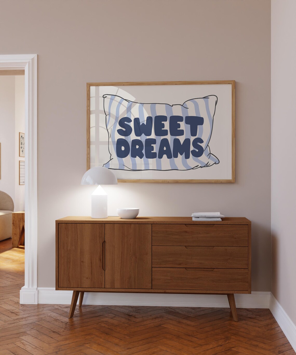 Sweet Dreams Blue Striped Pillow Cozy Kids Bedroom Quote Poster - Image 6