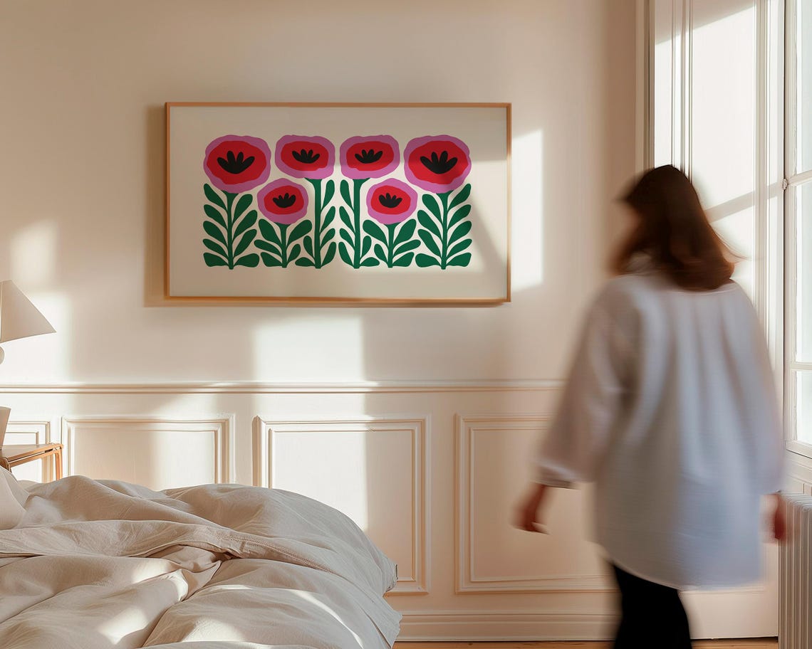 Retro Pink Red Poppy Flowers Green Stems Bold Floral Decor Poster - Image 6