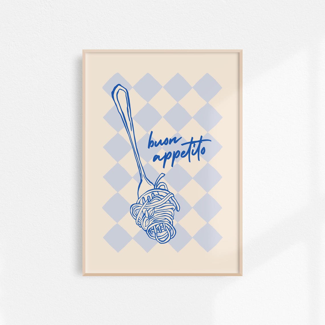 Buon Appetito Spaghetti Fork Blue Checkered Italian Kitchen Poster
