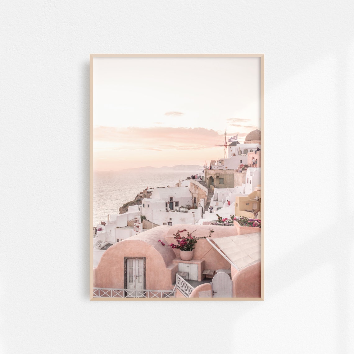 Pink Sunset Over Oia Santorini With Old Windmill Greece Poster