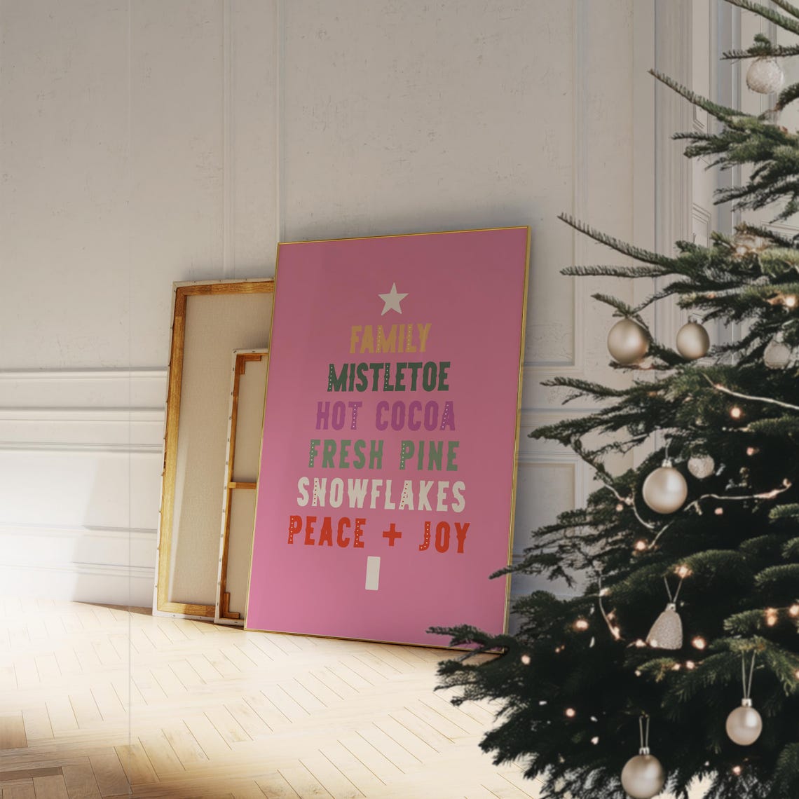 Cream Christmas Tree Word Art Pastel Peace Joy Star Holiday Poster - Image 2